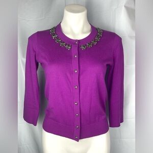 Kate Spade New York 'Leni'Crystal Embellished Jewel Cardigan 3/4 Sleeve Purple S